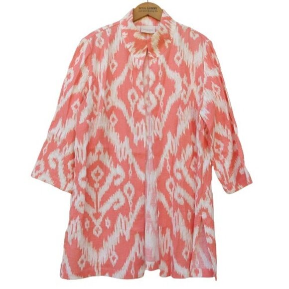 Chico's 100% Linen Ikat Print Jacket Size 1 M 8-10 NWT Sunrise Orange Open Front - Picture 1 of 10